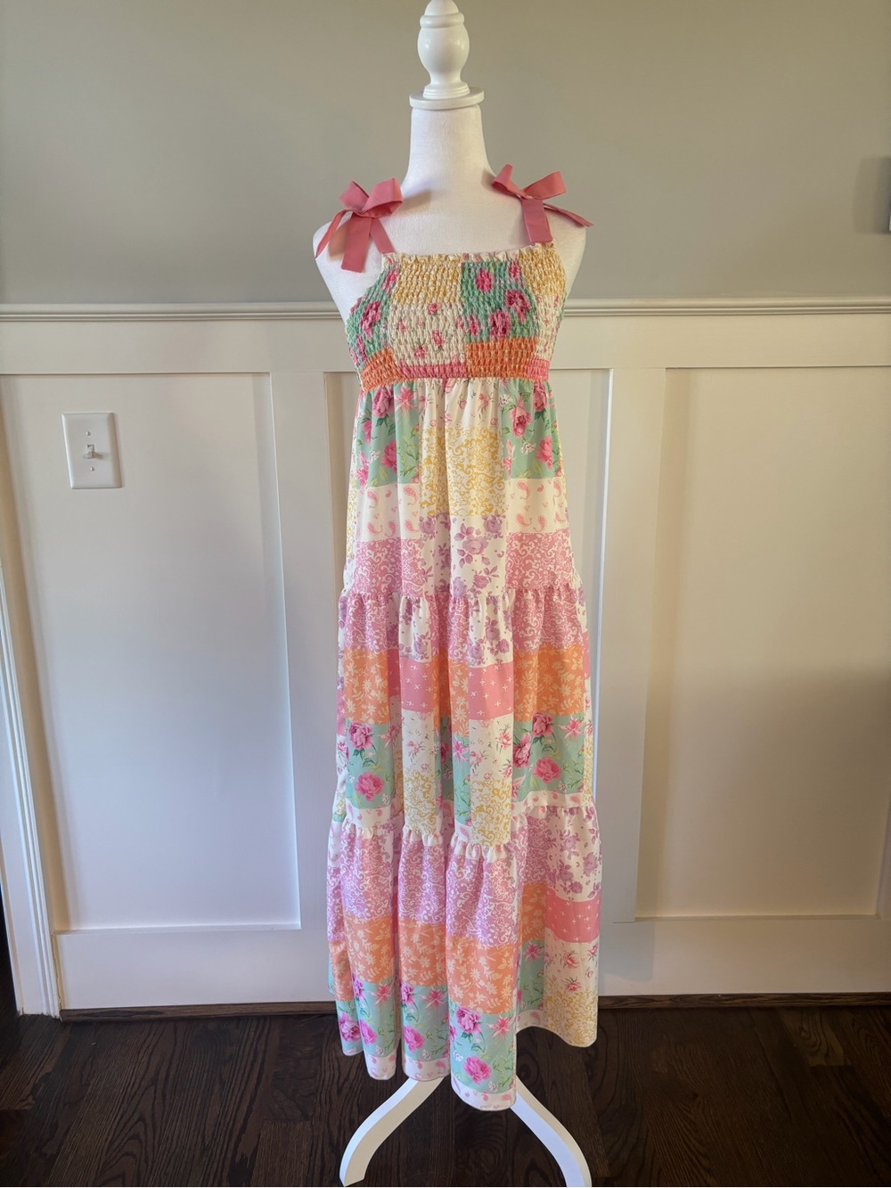 SHEIN Pink Floral Patchwork Maxi Dress with Bow Straps
